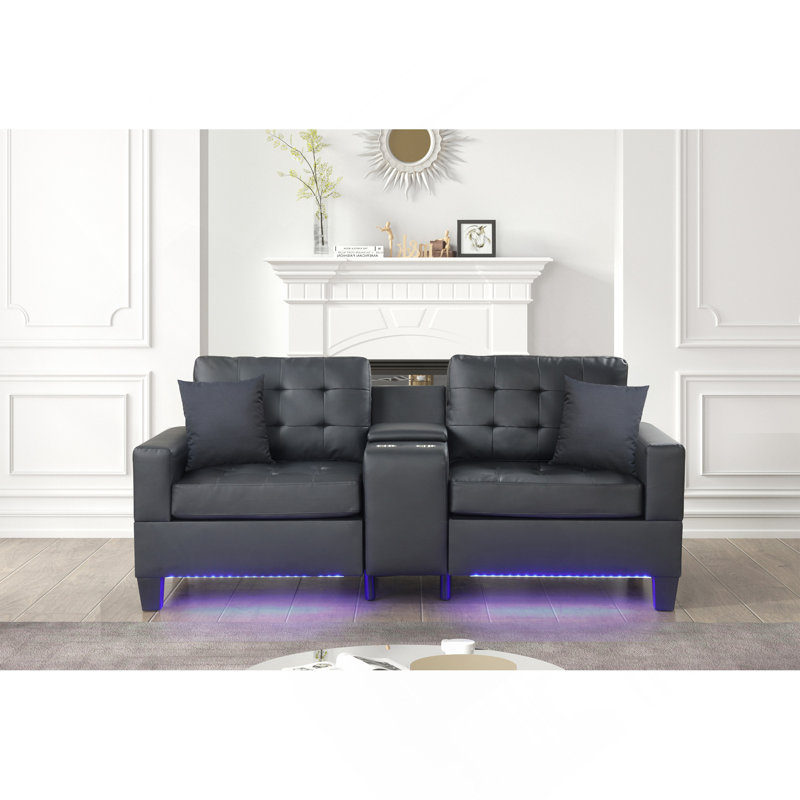 Canapé en tissu PVC noir l 85 po avec lumières DEL, chargeur USB, console de rangement, porte-gobelets, coussins capitonnés
