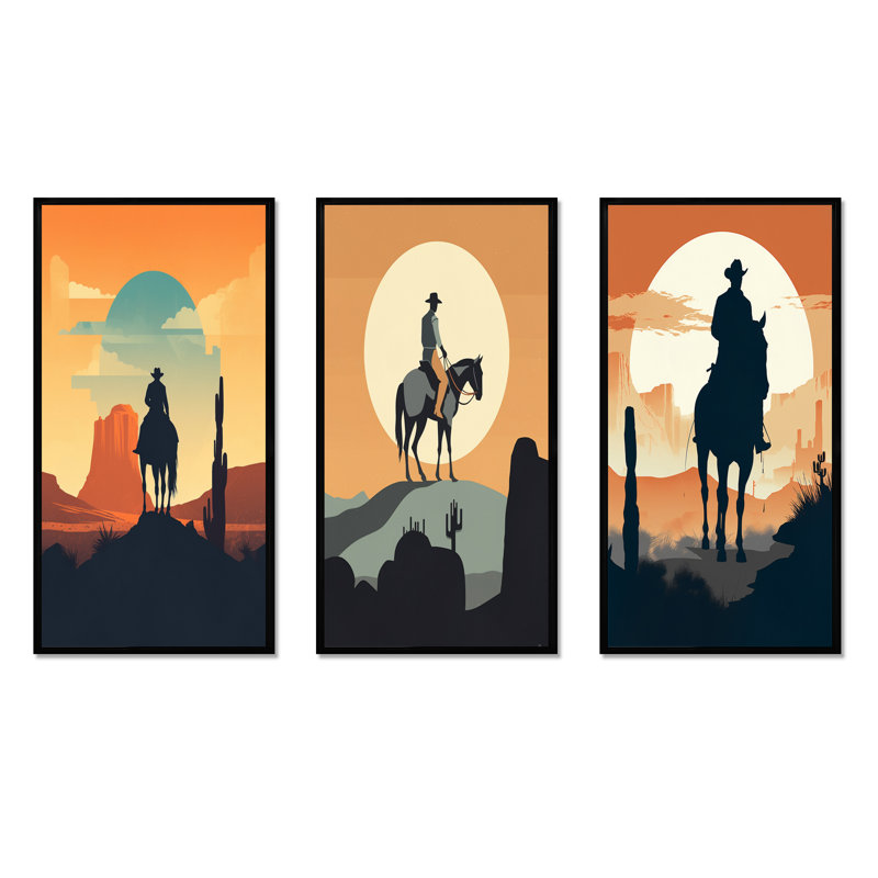 «Minimalistic Cowboy», 3 pièces sur toile, Cadre flottant noir, H 20 po x l 36 po