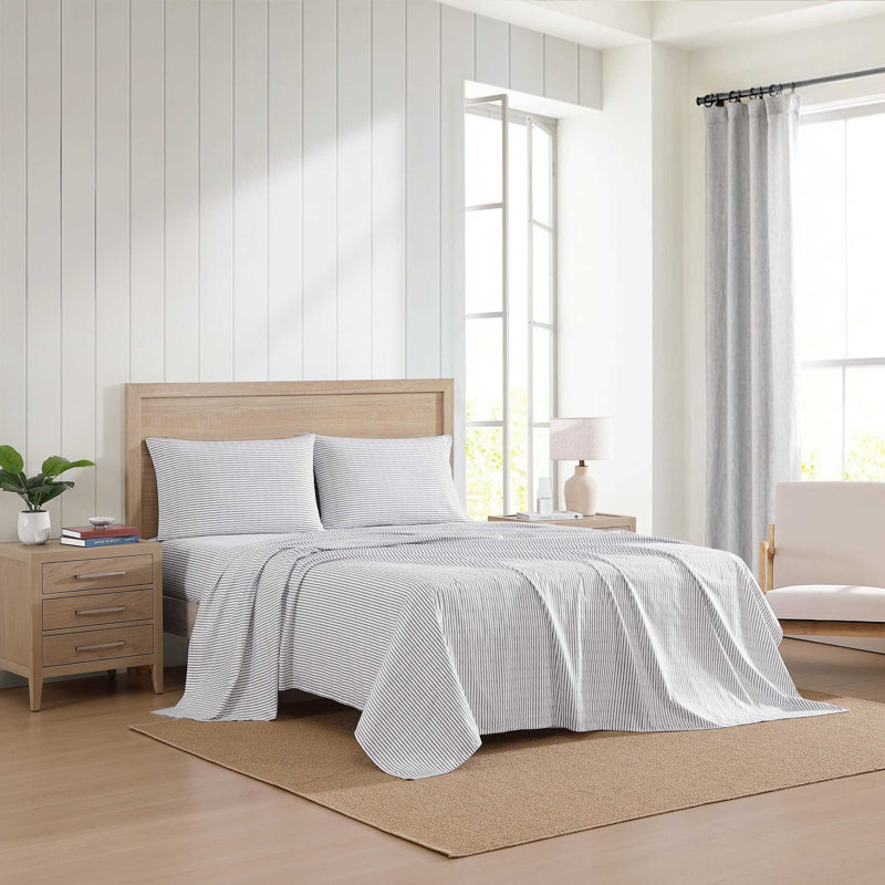 Tommy Hilfiger Printed Percale Cotton Sheet Set, Queen Sheet Set with 2 Pillowcases, Joshua Tree Stripe Blue