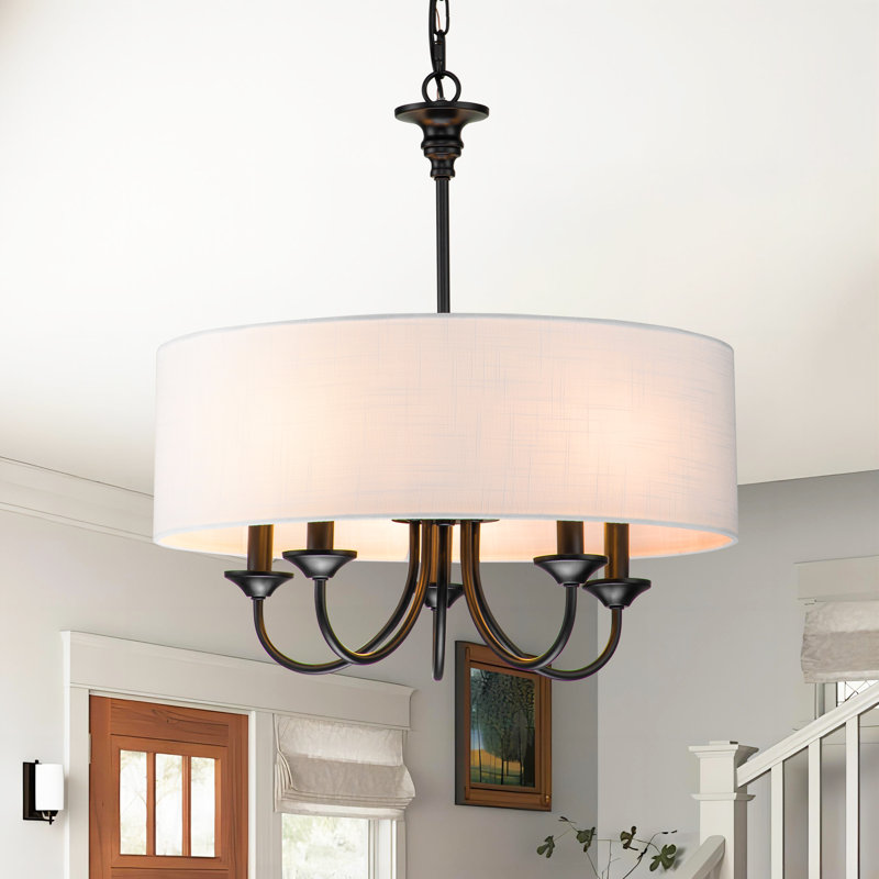 Lustre tambour unique à 5 lumières, Noir, noir, noir, noir