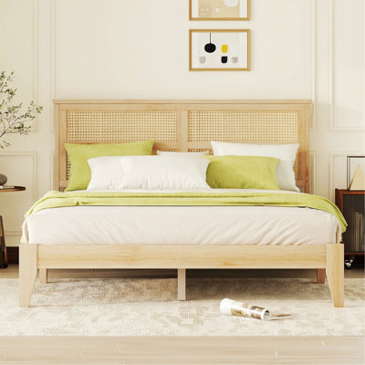 Wooden Bed With Rattan Headboard