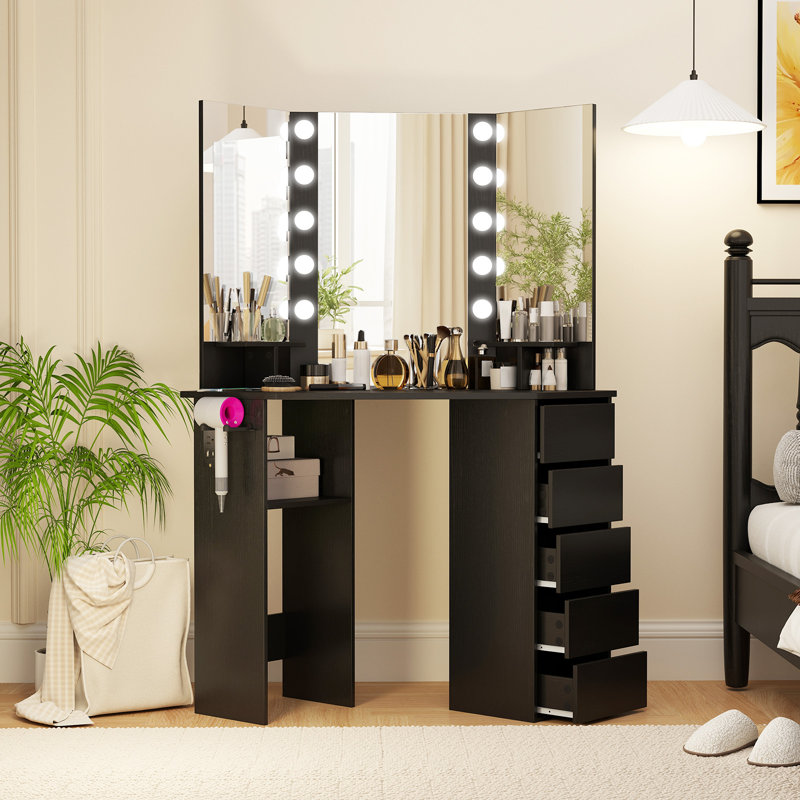 Corner Makeup Vanity Desk Makeup Dresser Table With 3 Color Lighting, Black