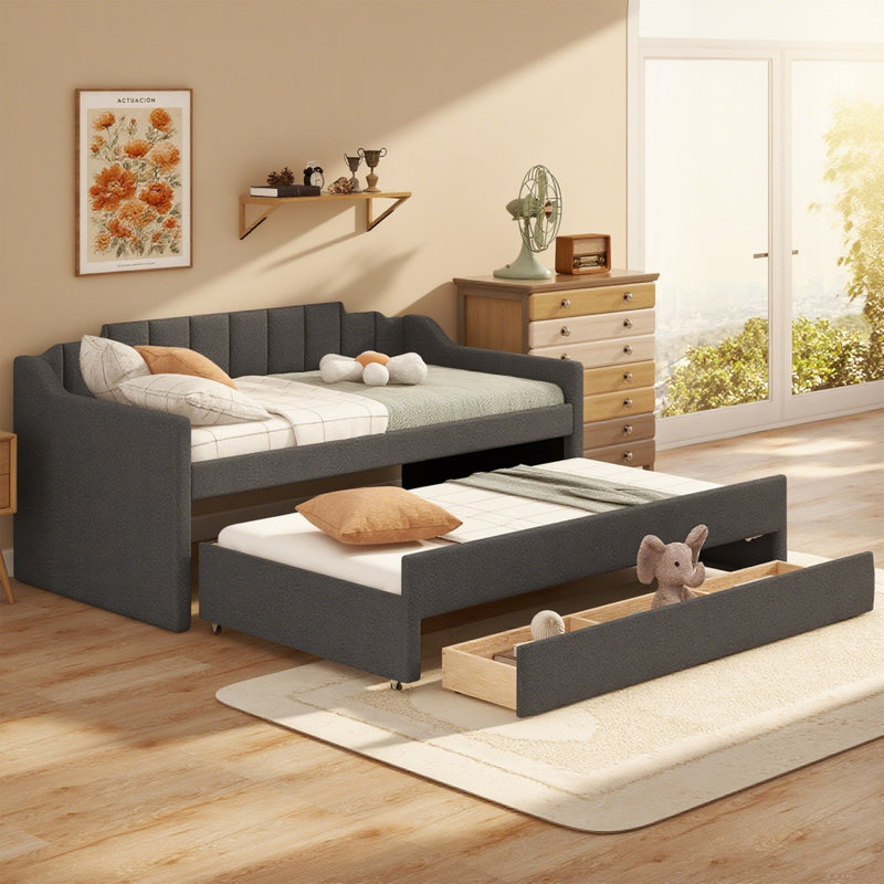 Lit de jour simple tapissier avec couchette et trois tiroirs, gris