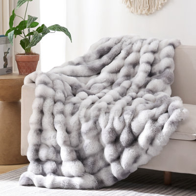 Faux Fur Throw Blanket for Couch Rabbit Fleece - Tie-dye Grey Fluffy Blanket for Sofa Bedroom Living Room, Cozy Soft Plush Luxury Thick Winter Fuzzy Comfy Bubble Blanket - 60" x 80"