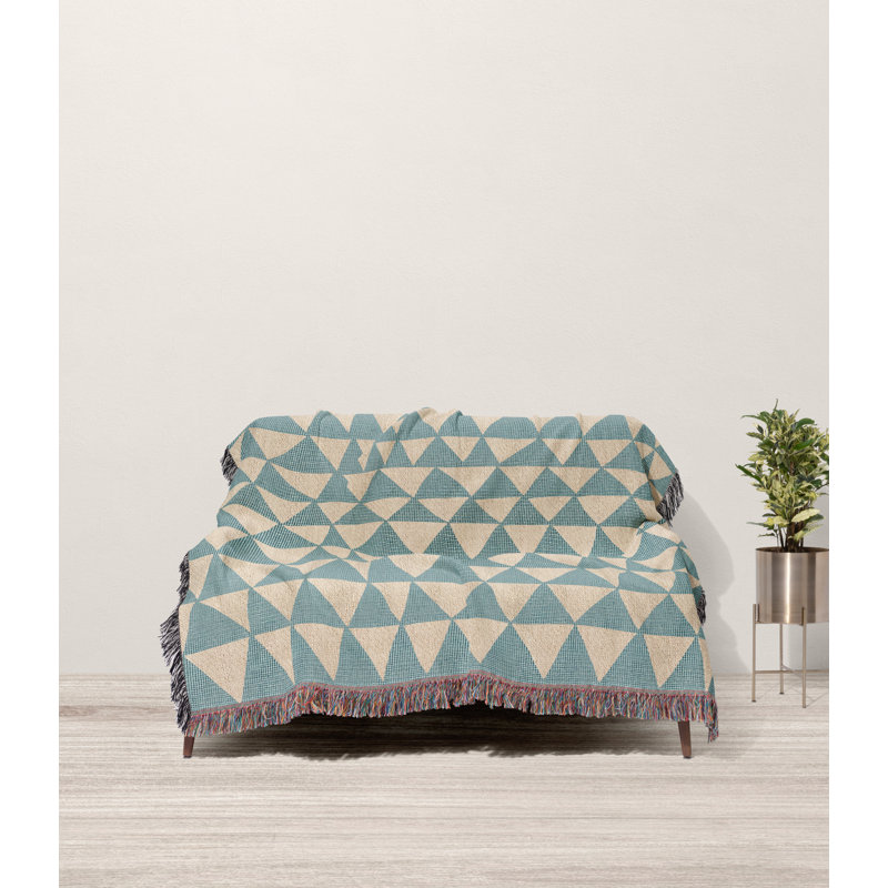 Jeté en coton Kelia, Grand lit, Bleu / beige