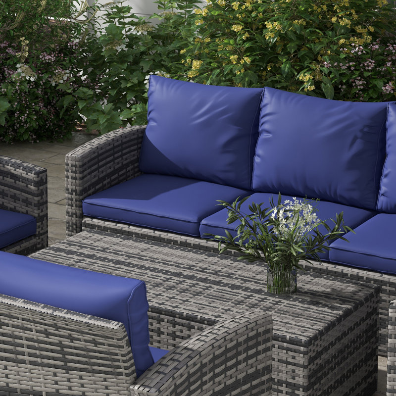 Wicker 7 - Person Garden Lounge Set with Cushions, Navy Blue