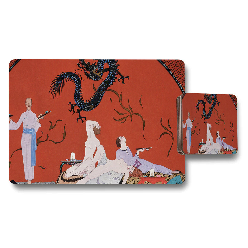 Dragon and Guests On Red Placemat and Coaster Set