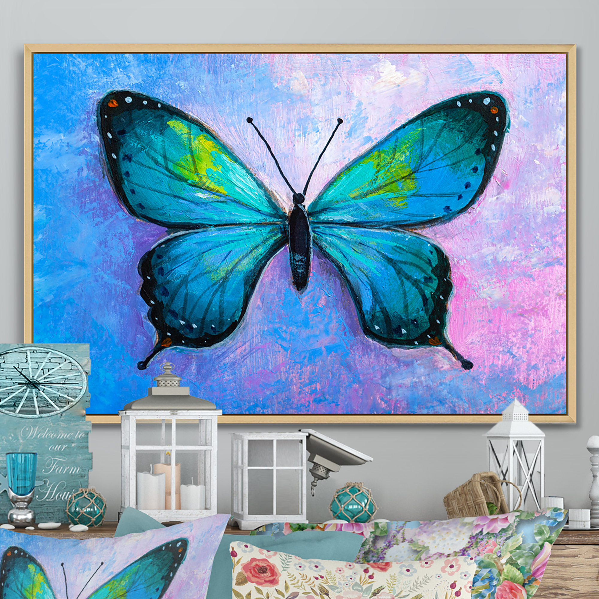 Contemporary Art Abstract Butterfly in Teal 14 x 14 on Cotton Ragg -  Acrylic on Cotton Ragg Paper, in Floral and Flower Paintings