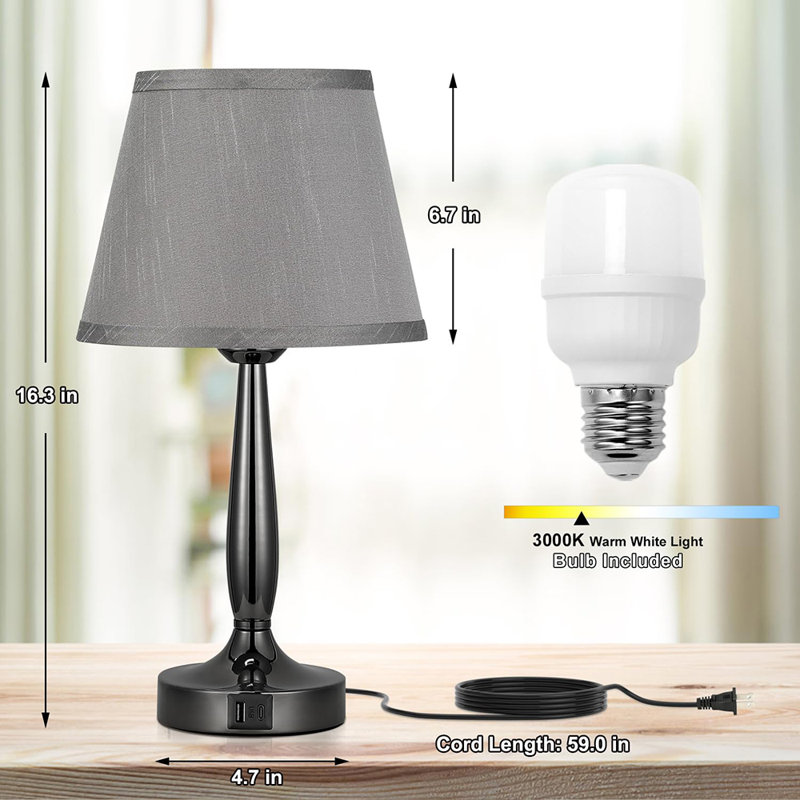 Lampe de table pour chambre à coucher avec port de charge USB C, Black, Gris