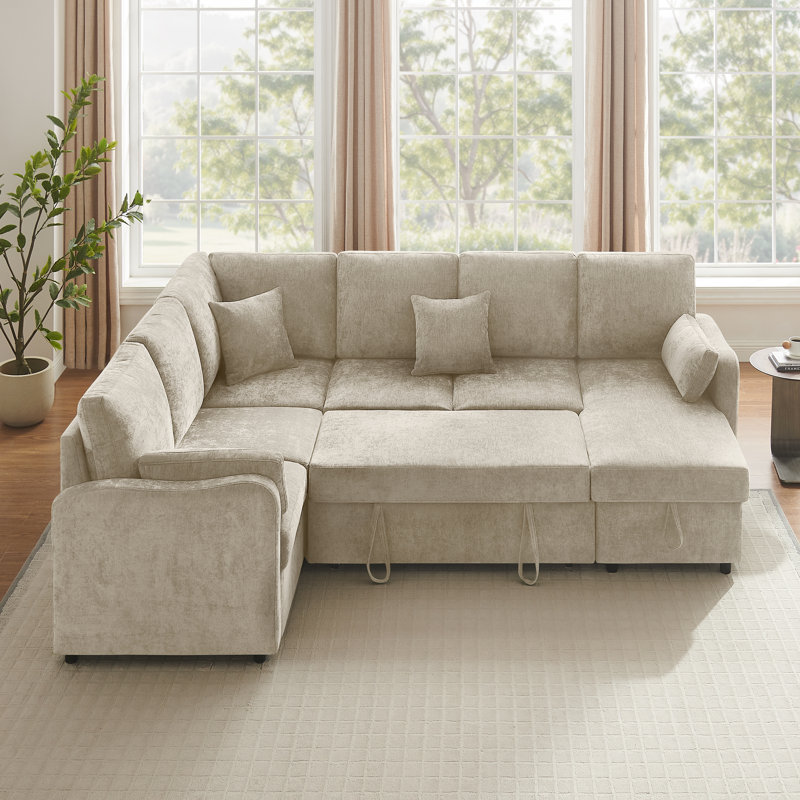 Modern Sofa With Storage Chaise And Pull-Out Sleeper, Camel