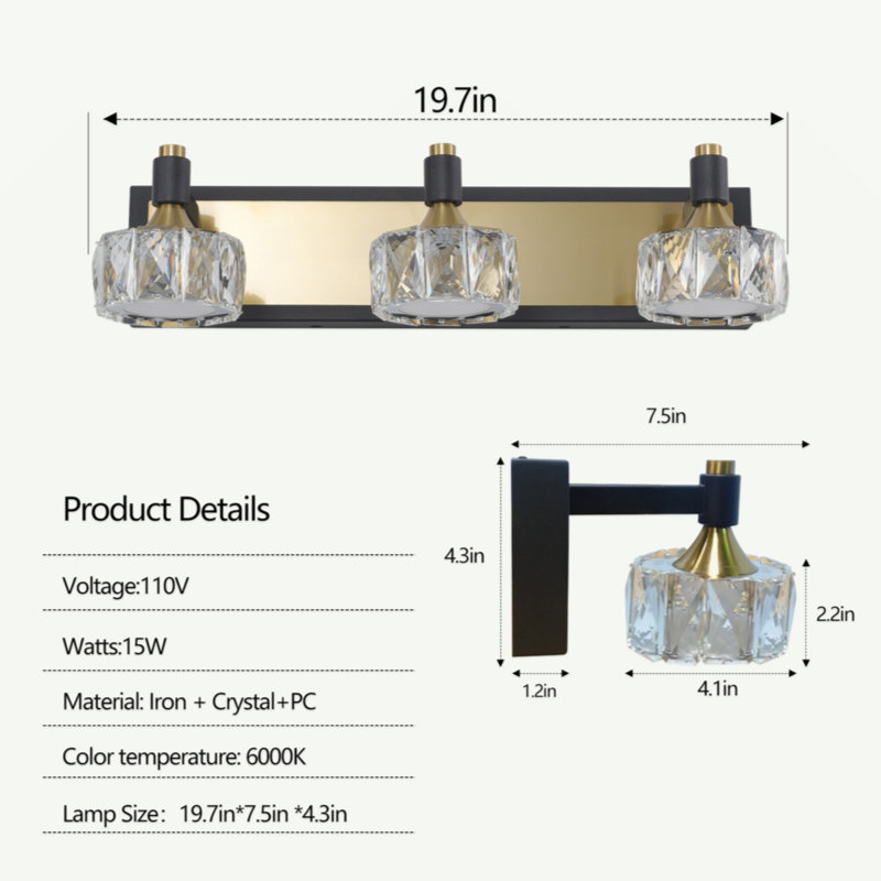 Luminaire de salle de bain moderne à DEL en cristal 3 lumières pour salle de bain sur miroir