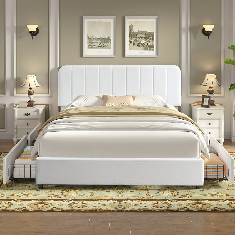 Huntsville Full Storage Bed with 4 Drawers Velvet Upholstered Headboard White Platform Bed Frame, White, Full