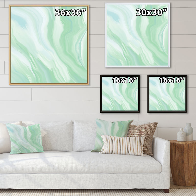 «Green Teal Streaks On Onyx», reproduction d'art sur toile moderne, H 30 po x l 30 po x P 1 po, Cadre flottant blanc