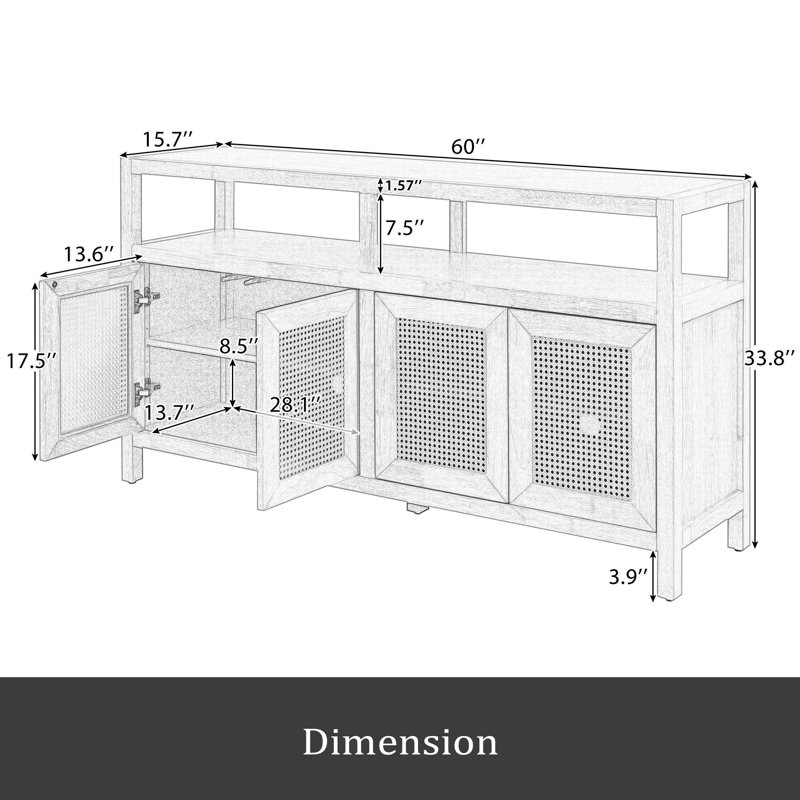 Armoire de rangement en rotin avec structure en bois massif, buffet avec tablettes réglables à 3 positions pour le salon et la salle à manger, conception à pousser sans poignée