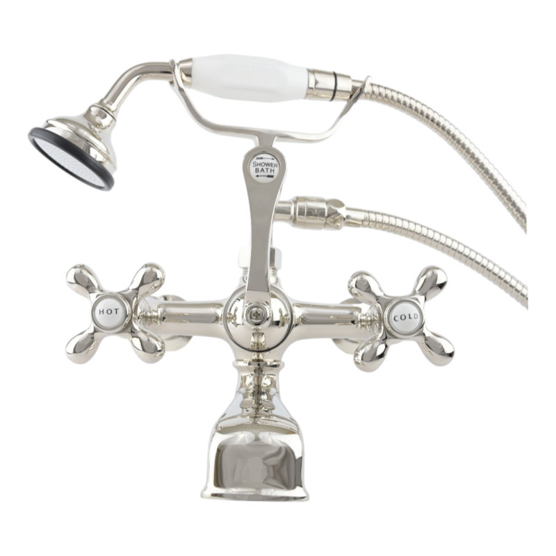 P1027 British Telephone Wall Mounted Faucet with Cross Handles and 7" Center Faucet Body, Polished NIckel