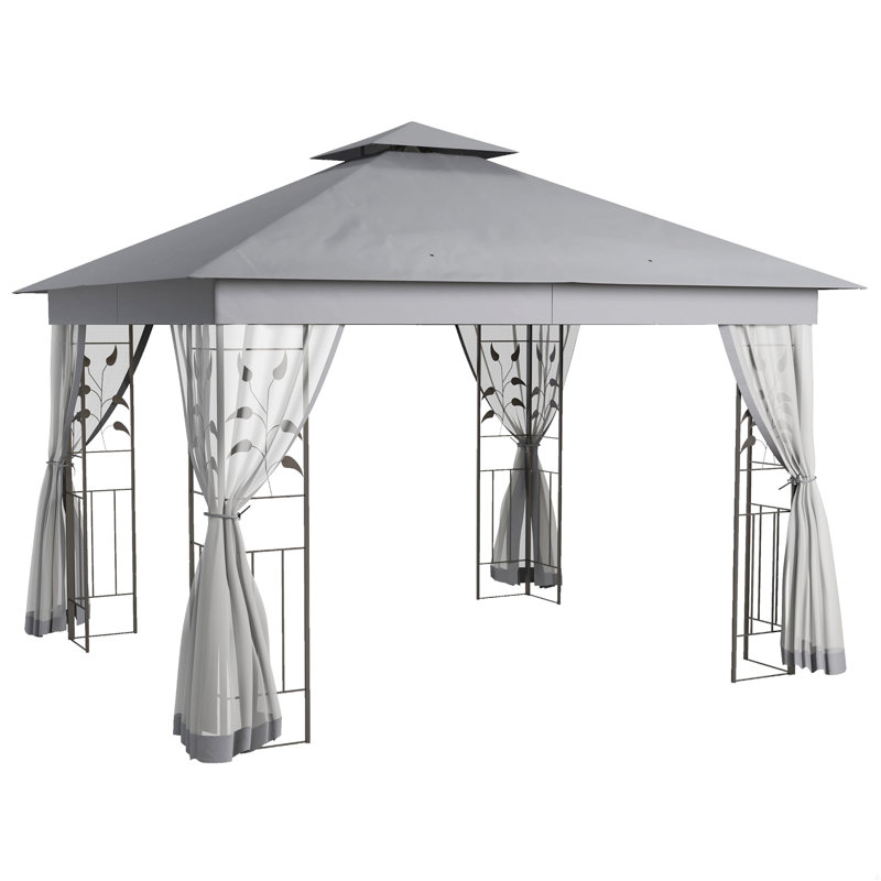 Metal Patio Gazebo, Double Roof Outdoor Gazebo Canopy Shelter With Tree Motifs Corner Frame And Netting, Gray