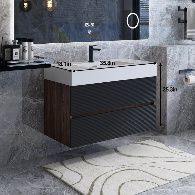 Meuble-lavabo mural moderne avec lavabo à surface solide et tiroirs, Blanc, 36"