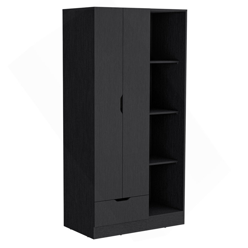 Armoire 71H "avec 1 tiroir et 4 tablettes ouvertes à 2 niveaux, 2 portes, noir, Noir