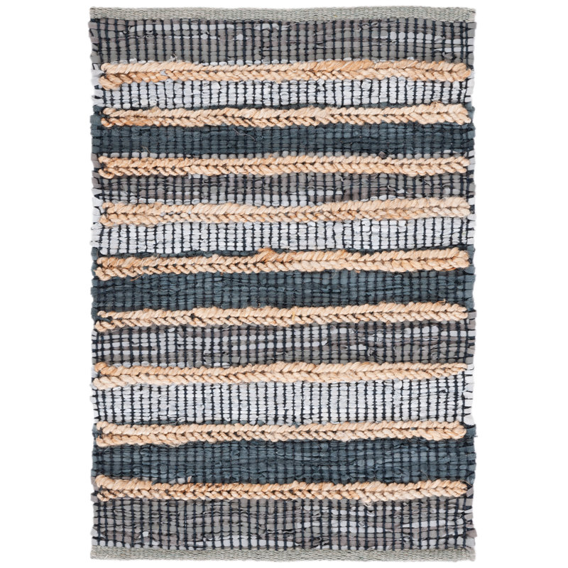 Gereline Vintage Leather Hand Woven Leather/Jute Striped Rug in Grey/Natural, Rectangle 3' x 5'