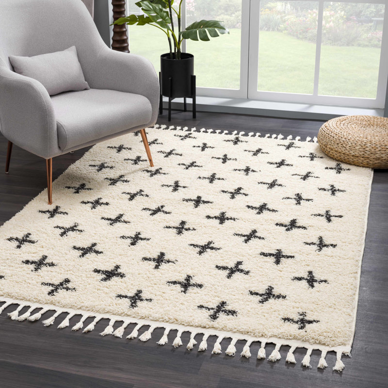 Tapis beige / noir à poils longs Adeewa, Rectangle 5 pi 3 po x 7 pi 3 po