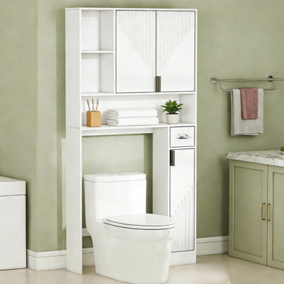 Over The Toilet Storage Cabinet With 3 Doors And Toilet Paper Holder - Freestanding Bathroom Organizer With Open Shelves For Bathroom, Laundry Room, And Restroom