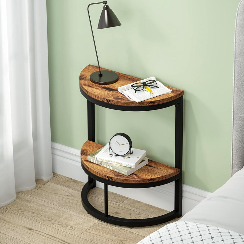 Table de bout demi-lune mince à 2 niveaux, table d'appoint en bois brun rustique avec tablette de rangement pour petits espaces et assemblage facile