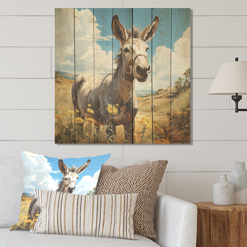«Countryside Donkey Horizon I - Âne sur bois», H 15 po x l 15 po