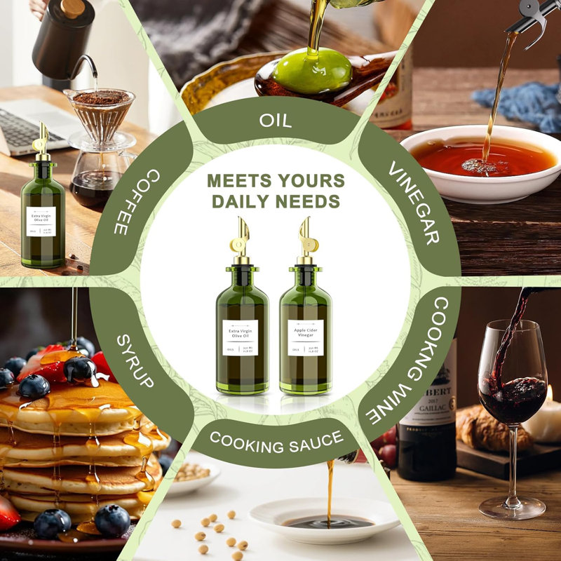 2-Pack Dark Green Glass Olive Oil Dispenser Set – Auto-Flip No-Drip Oil & Vinegar Bottles with Labels & Funnel