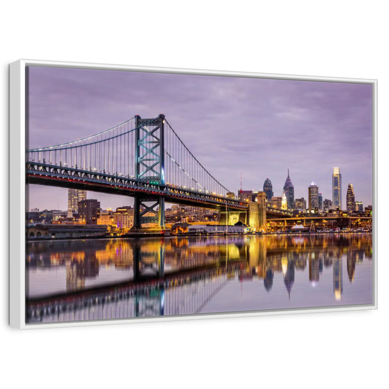 Horizon du pont Ben Franklin, 37 po x 25 po, Cadre flottant blanc