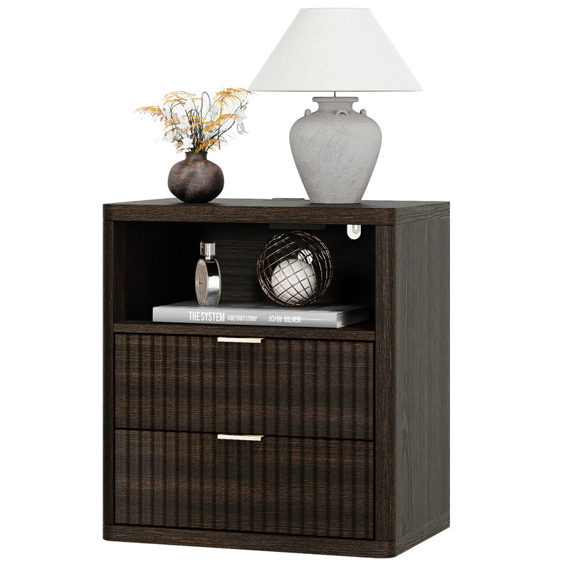 Valerica 2-Drawer Fluted Nightsatnd with Charging Station, Walnut