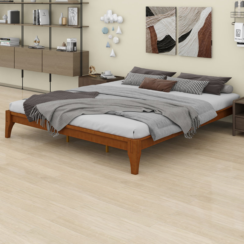 Base de lit plateforme en bois de bambou sec massif avec support en lattes de bois, Brun
