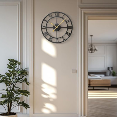 Horloge murale VAN GOGH ART pour le manteau de salon, horloge murale de 16 pouces à pile, horloge noire à chiffres romains en métal pour chambre à coucher, maison, cuisine, bureau, décoration murale