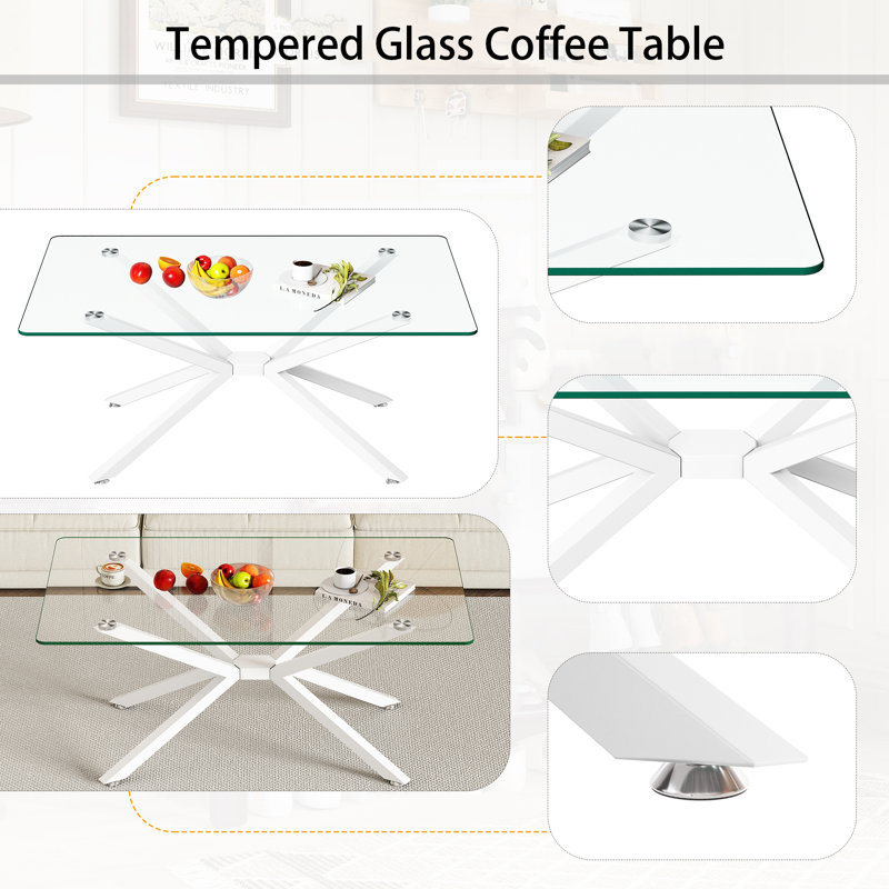 Modern Tempered Glass Coffee Table with Metal Base, Rectangular Living Room Dining Table, Transparent, White
