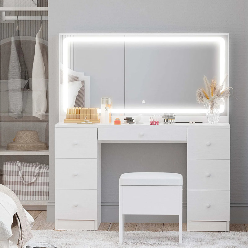 Makeup Vanity Desk with LED Lighted Mirror & Power Outlet & 7 Drawers, White