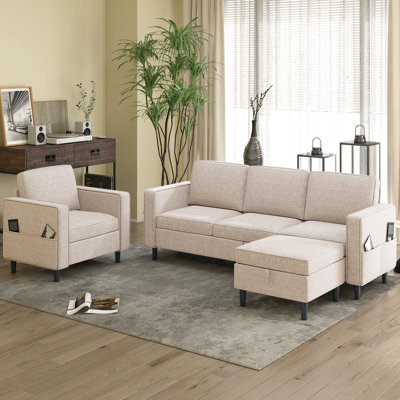 Ensemble de canapé convertible 3 pièces Ebern Designs | Ensemble de canapé en lin avec poches latérales | Canapé de salon moderne avec repose-pieds avec rangement | Canapé pour salon (canapé modulaire + simple)