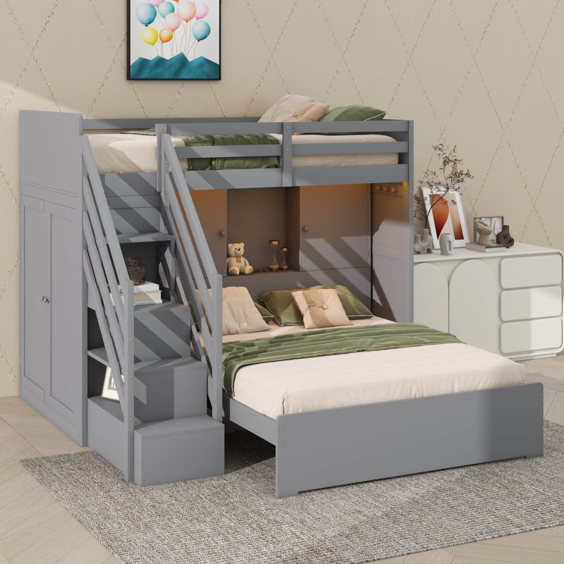 Lit superposé simple / double avec marches de rangement, garde-robe intégrée, ports USB et éclairage, Gris