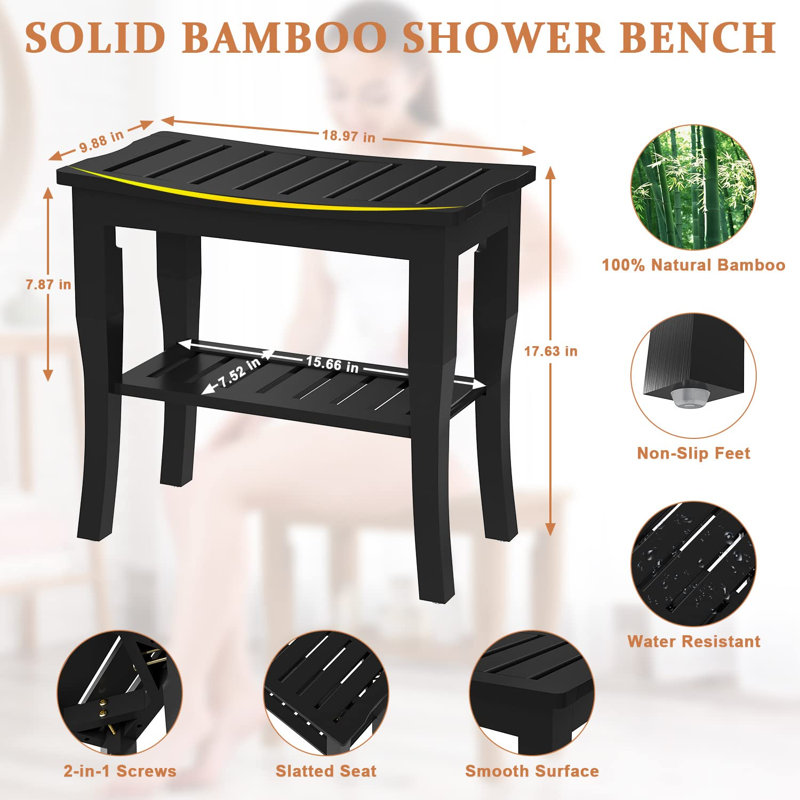Banc de douche en bambou l 18,98 po Nathalie, Noir