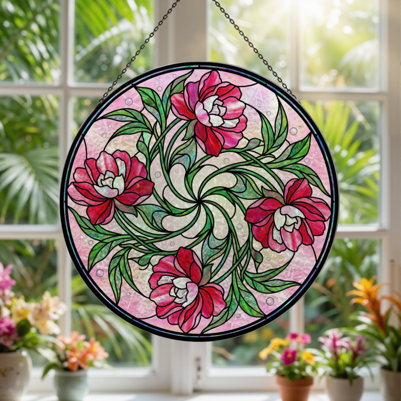 Panneau de vitrail à motif floral, H 12 po x l 12 po