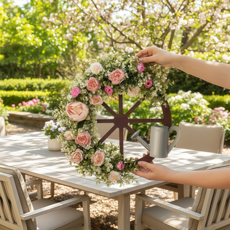 19.6 Inch Artificial Wreath Spring Peony Wreath Wheel Wreath Front Door Decoration Garden Wedding Wreath