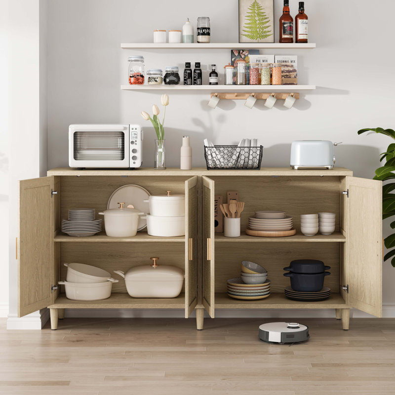 Buffet en rotin avec rangement, tablettes réglables, Naturel