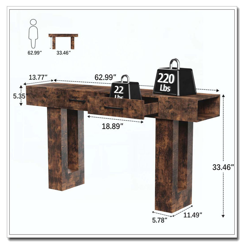 63-Inch Long Console Table, Wooden Rectangular Sofa Table Behind The Couch, Vintage Brown