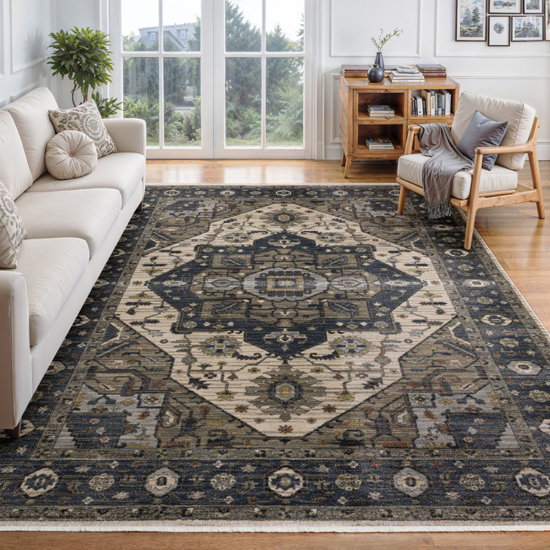 Caia Traditional Center Medallion Blue/ Brown Area Rug, Rectangle 9'10" x 12'11"