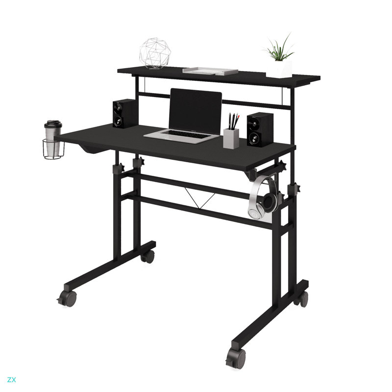 Rolling Writing Desk With Height Adjustable Desktop And Moveable Shelf, Black