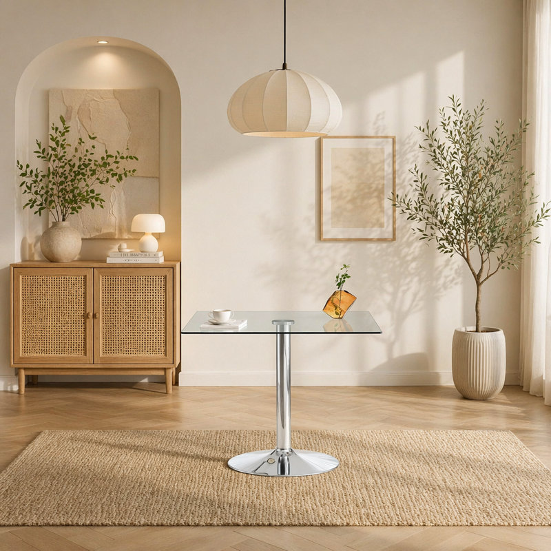 Table de salle à manger 38,5 pouces moderne minimaliste carrée en verre avec base en métal à colonne unique. Disponible en noir, or ou argent. Table de salle à manger à domicile. Convient pour 2 à 4 personnes. (Table seulement)