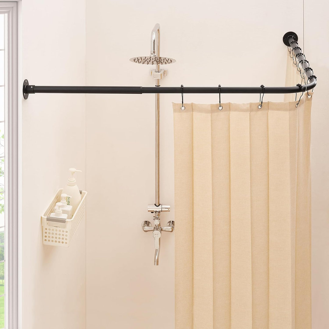 L Shaped Corner Shower Curtain Rod 23.6"-52" X 23.6"-52" Heavy Duty 90 Degree Adjustable Shower Pole With 12 Hooks Ceiling Support Matte Black