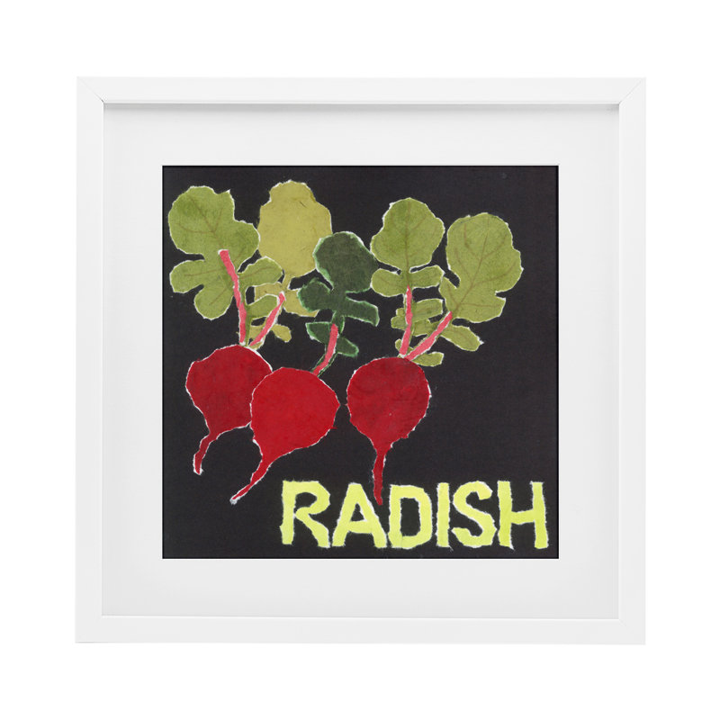 Collage de légumes radis, reproduction encadrée sous verre, conception de Nancy Overton, Cadre blanc côtier
