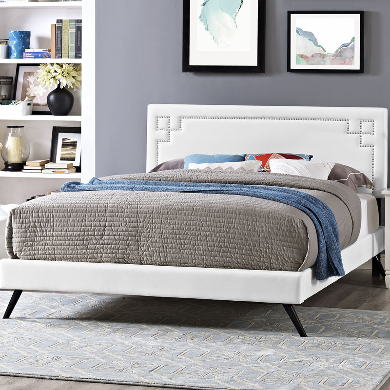 Lit plateforme en vinyle avec pieds évasés Josie par Modway, Blanc, Grand