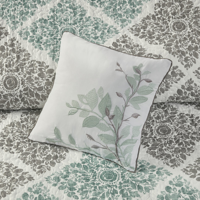 Aqua Reversible Quilt Set With Embroidered Pillows