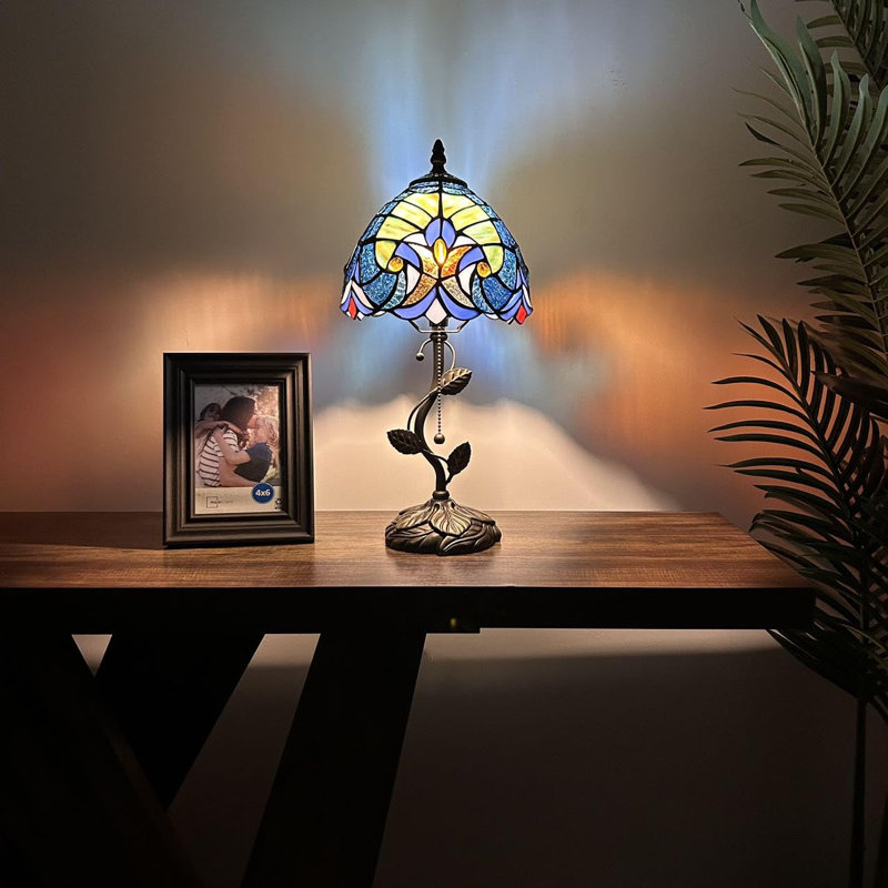 Tiffany Table Lamp Stained Glass LED Bulb Included 8"W*8"D*16"H, Blue/Green