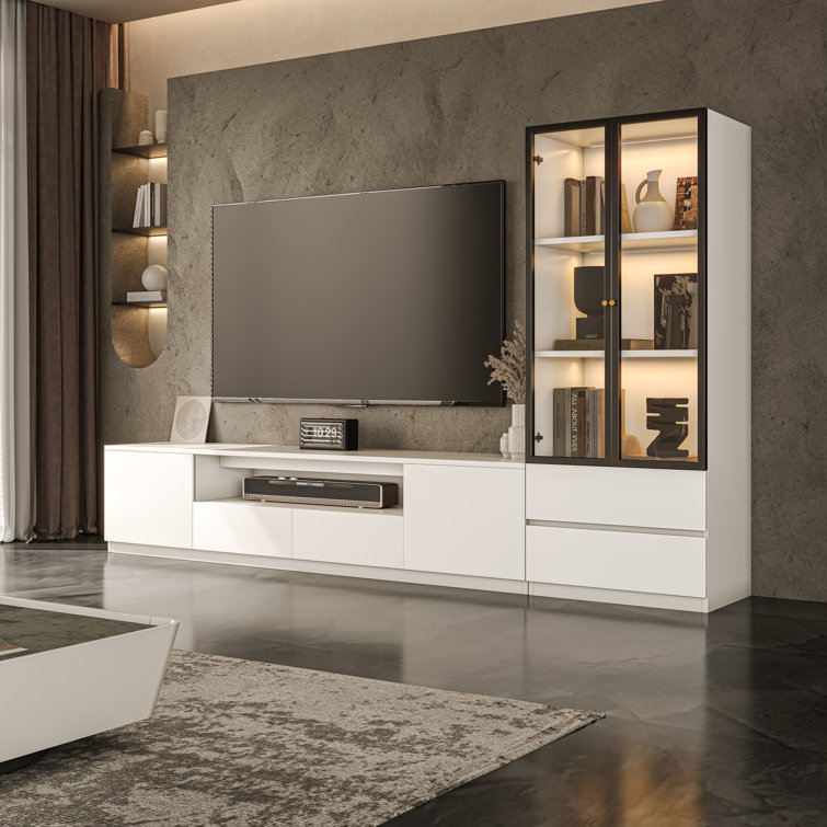 Media Console Entertainment Centre For Tvs Up To 75'', Living Room Cabinet Set Includes Tv Stand And Glass Display Cabinet